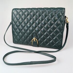 Vintage Brio Quilted Crossbody Bag Green Shoulder Purse Gold Buckle Flap 90s Y2K